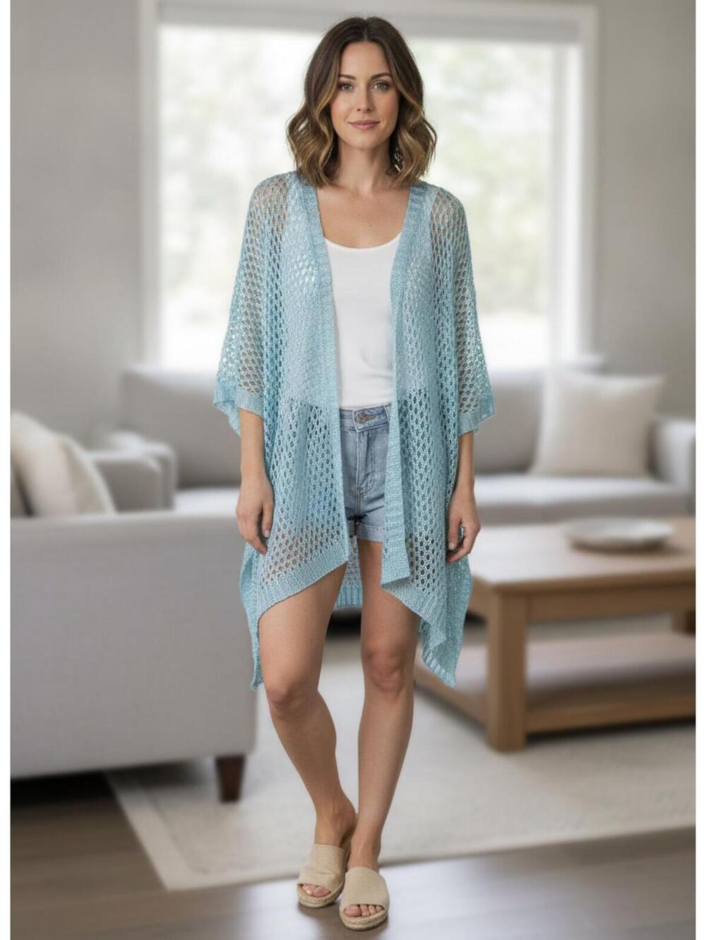 Lake Shore Drive Missy Open Knit Mesh OSFM Cover-Up Aqua